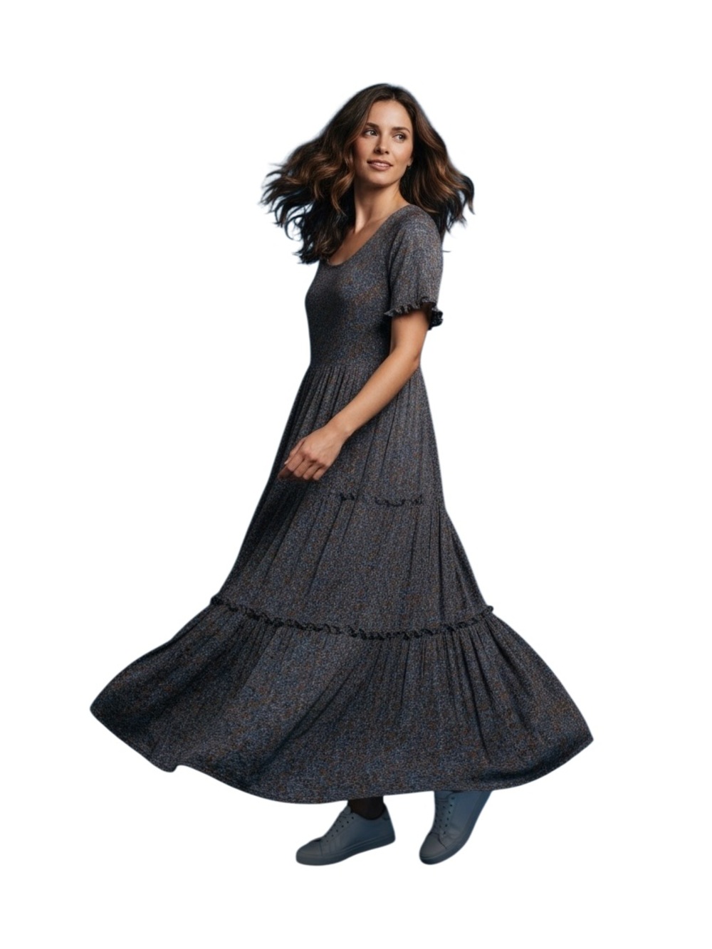 NATURAL LIFE Blue Floral Smocked Maxi with Short Sleeves “Daisy Dress”